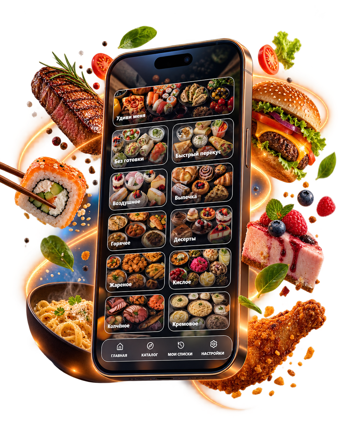 Food Swipe на телефоне среди продуктов